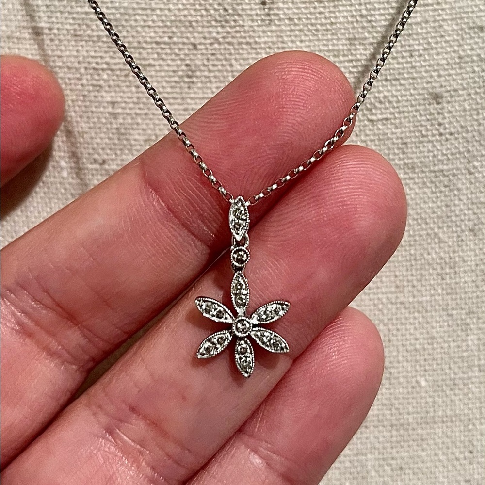 14k Diamond WG Solid Gold Milgrain Necklace